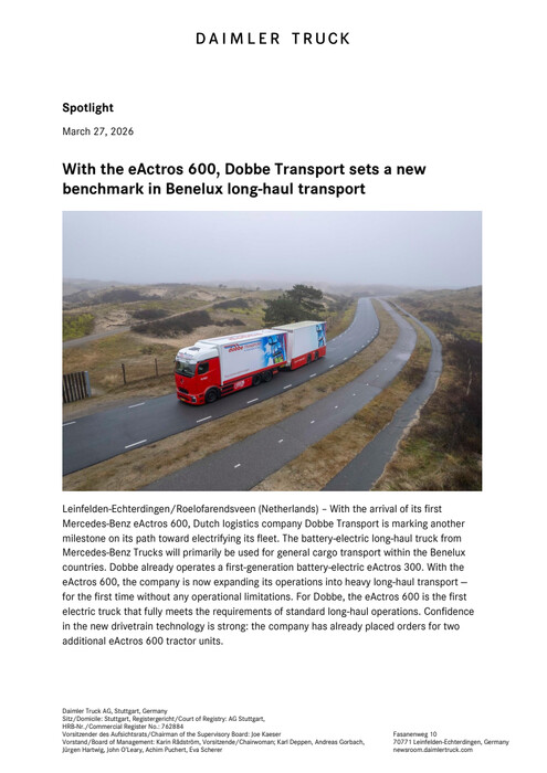 With the eActros 600, Dobbe Transport sets a new benchmark in Benelux long-haul transport