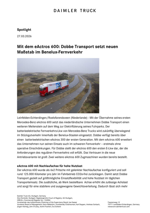 Mit dem eActros 600: Dobbe Transport setzt neuen Maßstab im Benelux-Fernverkehr
