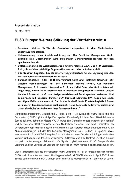 FUSO Europa: Weitere Stärkung der Vertriebsstruktur