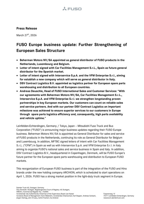FUSO Europe business update: Further Strengthening of European Sales Structure