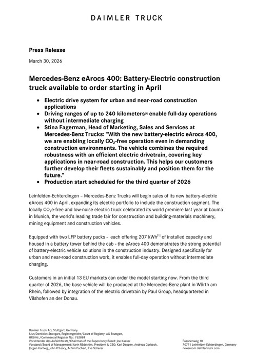Mercedes-Benz eArocs 400: Battery Electric construction truck available to order starting in April