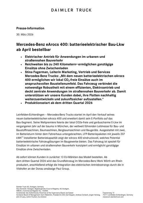 Mercedes-Benz eArocs 400: batterieelektrischer Bau-Lkw ab April bestellbar