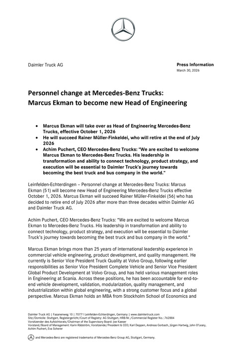 Personnel change at Mercedes-Benz Trucks: Marcus Ekman to become new Head of Engineering