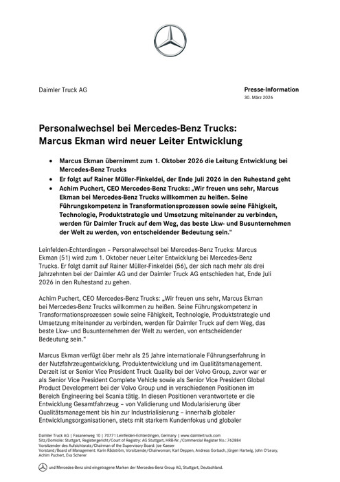 Personalwechsel bei Mercedes-Benz Trucks: Marcus Ekman wird neuer Leiter Entwicklung