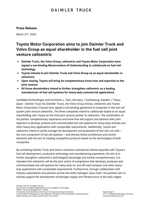 Toyota Motor Corporation aims to join Daimler Truck and Volvo Group as equal shareholder in the fuel cell joint venture cellcentric