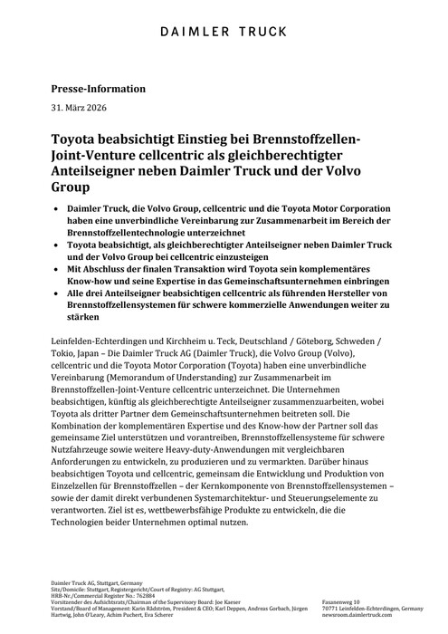 Toyota beabsichtigt Einstieg bei Brennstoffzellen-Joint-Venture cellcentric als gleichberechtigter Anteilseigner neben Daimler Truck und der Volvo Group