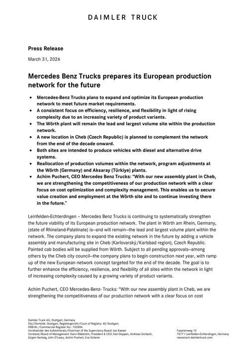 Mercedes-Benz Trucks prepares its European production network for the future