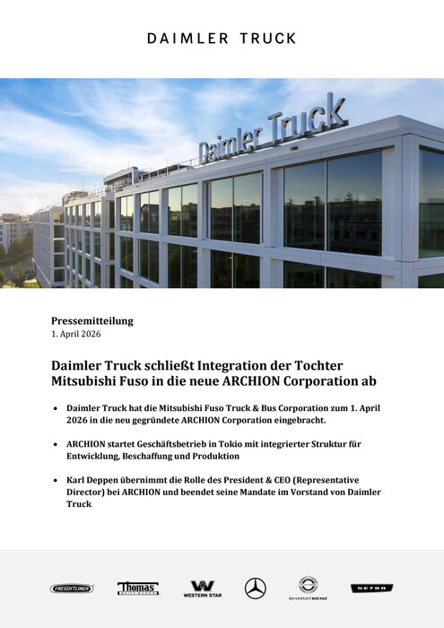 Daimler Truck schließt Integration der Tochter Mitsubishi Fuso in die neue ARCHION Corporation ab