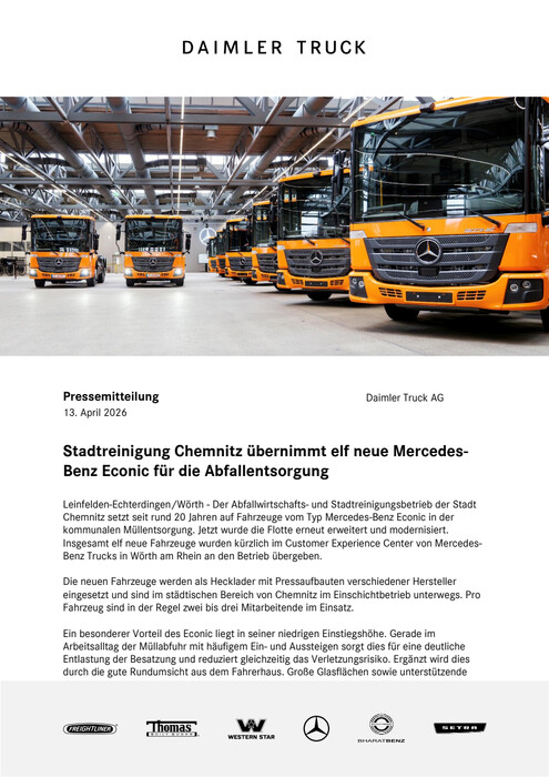 Stadtreinigung Chemnitz übernimmt elf neue Mercedes-Benz Econic für die Abfallentsorgung