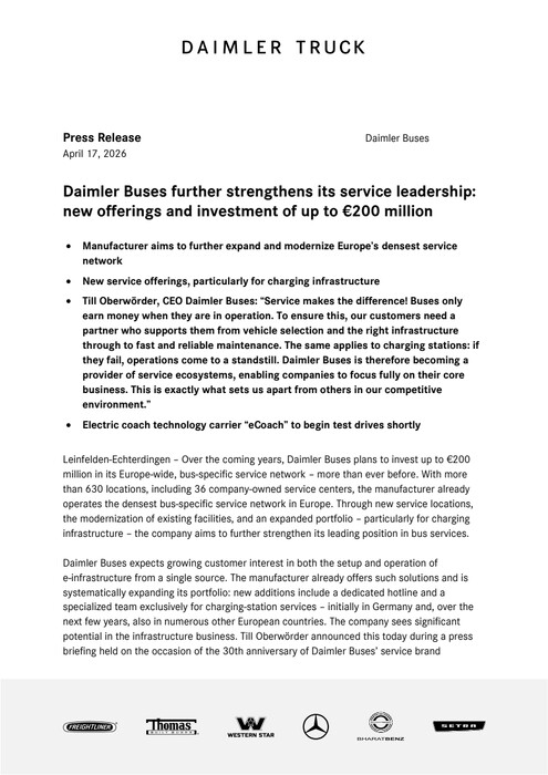 Daimler Buses further strengthens its service leadership: new offerings and investment of up to €200 million