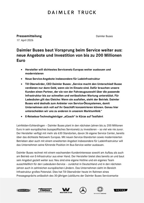 Daimler Buses baut Vorsprung beim Service weiter aus: neue Angebote und Investition von bis zu 200 Millionen Euro
