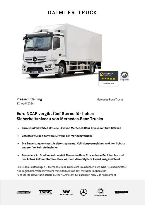 Euro NCAP vergibt fünf Sterne für hohes Sicherheitsniveau von Mercedes-Benz Trucks