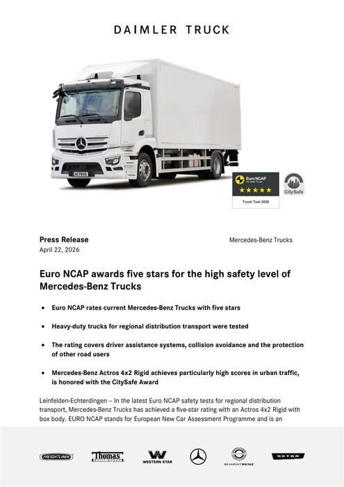 Euro NCAP awards five stars for the high safety level of Mercedes-Benz Trucks