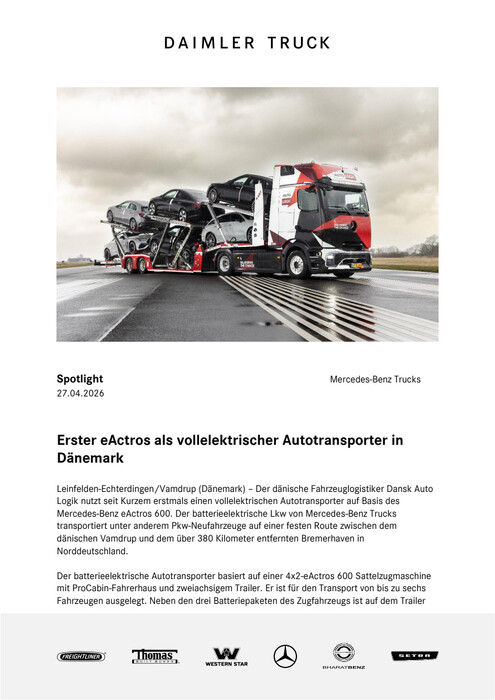 Erster eActros als vollelektrischer Autotransporter in Dänemark