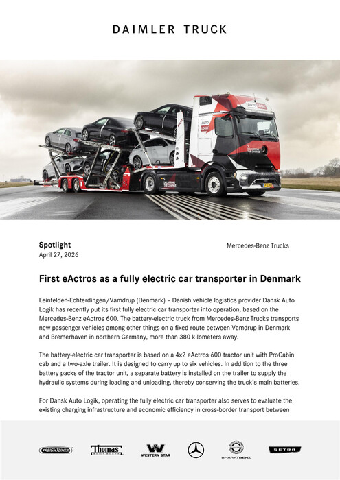 First eActros as a fully electric car transporter in Denmark