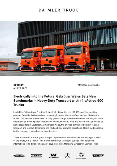 Electrically into the Future: Gebrüder Weiss Sets New Benchmarks in Heavy-Duty Transport with 14 eActros 600 Trucks