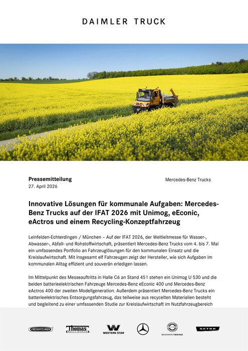 Innovative Lösungen für kommunale Aufgaben: Mercedes-Benz Trucks auf der IFAT 2026 mit Unimog, eEconic, eActros und einem Recycling-Konzeptfahrzeug