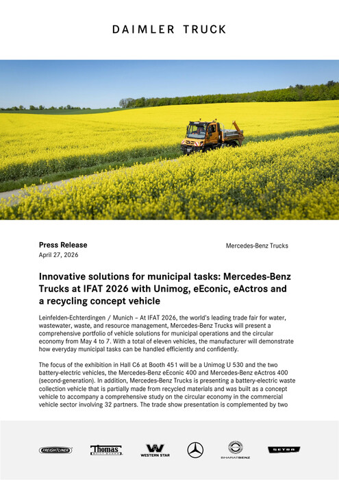 Innovative solutions for municipal tasks: Mercedes-Benz Trucks at IFAT 2026 with Unimog, eEconic, eActros and a recycling concept vehicle