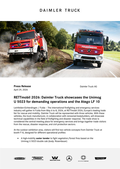 RETTmobil 2026: Daimler Truck showcases the Unimog U 5023 for demanding operations and the Atego LF 10
