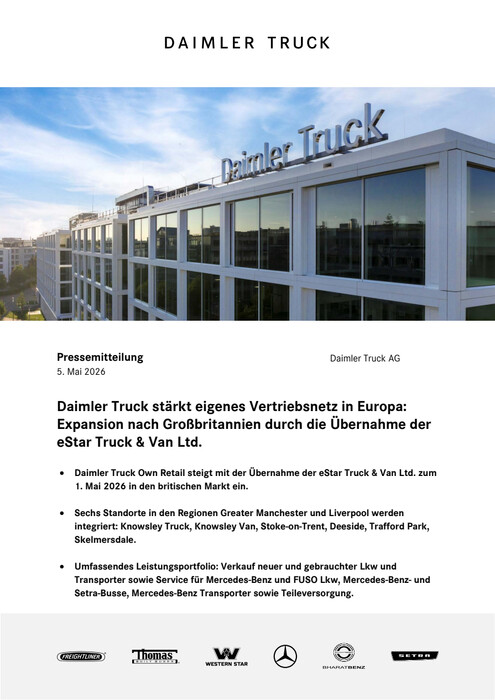 Daimler Truck stärkt eigenes Vertriebsnetz in Europa: Expansion nach Großbritannien durch die Übernahme der eStar Truck & Van Ltd.