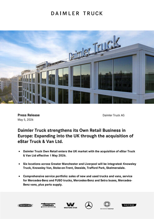 Daimler Truck strengthens its Own Retail Business in Europe: Expanding into the UK through the acquisition of eStar Truck & Van Ltd.