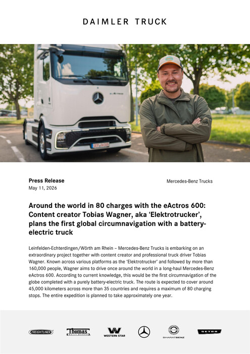 Around the world in 80 charges with the eActros 600: Content creator Tobias Wagner, aka ‘Elektrotrucker’, plans the first global circumnavigation with a battery-electric truck