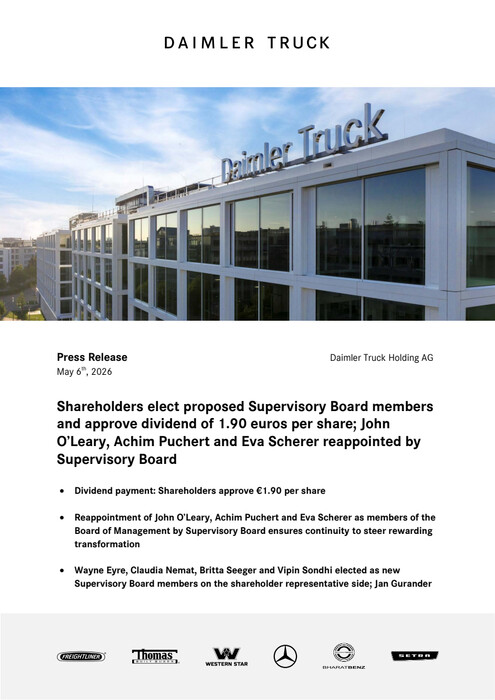 Shareholders elect proposed Supervisory Board members and approve dividend of 1.90 euros per share; John O’Leary, Achim Puchert and Eva Scherer reappointed by Supervisory Board