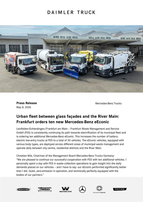 Urban fleet between glass façades and the River Main: Frankfurt orders ten new Mercedes-Benz eEconic