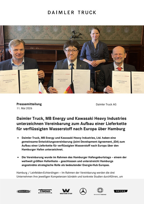 Daimler Truck, MB Energy und Kawasaki Heavy Industries unterzeichnen Vereinbarung zum Aufbau einer Lieferkette für verflüssigten Wasserstoff nach Europa über Hamburg