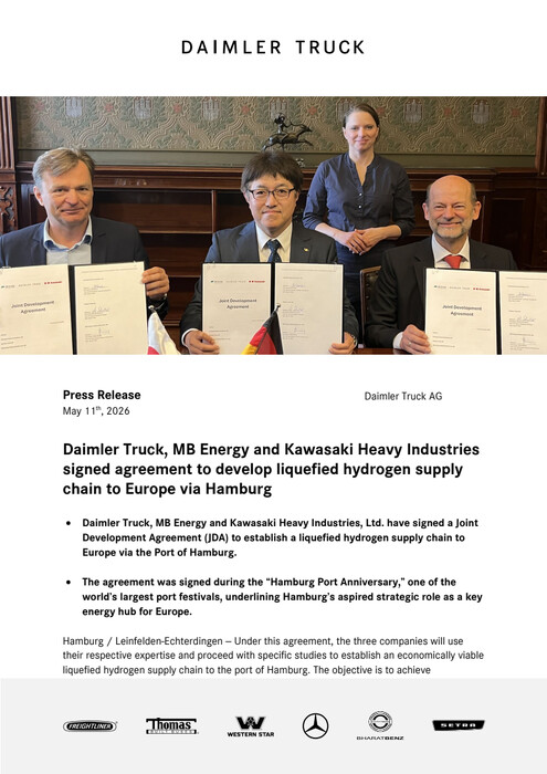 Daimler Truck, MB Energy and Kawasaki Heavy Industries signed agreement to develop liquefied hydrogen supply chain to Europe via Hamburg