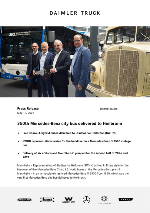 350th Mercedes‑Benz city bus delivered to Heilbronn