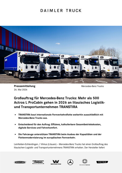 Großauftrag für Mercedes-Benz Trucks: Mehr als 500 Actros L ProCabin gehen in 2026 an litauisches Logistik- und Transportunternehmen TRANSTIRA