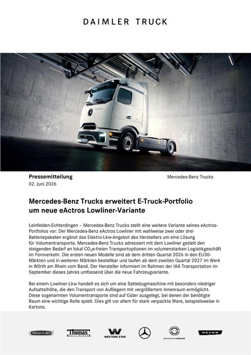 Mercedes-Benz Trucks erweitert E-Truck-Portfolio um neue eActros Lowliner-Variante