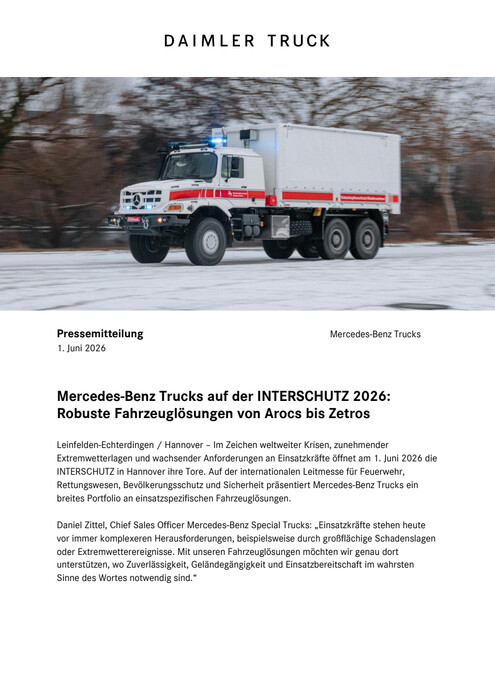 Mercedes-Benz Trucks auf der INTERSCHUTZ 2026: Robuste Fahrzeuglösungen von Arocs bis Zetros