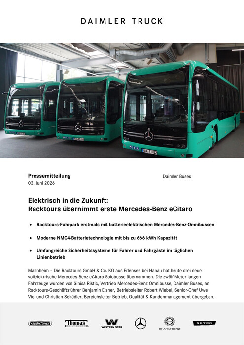 Elektrisch in die Zukunft: Racktours übernimmt erste Mercedes-Benz eCitaro