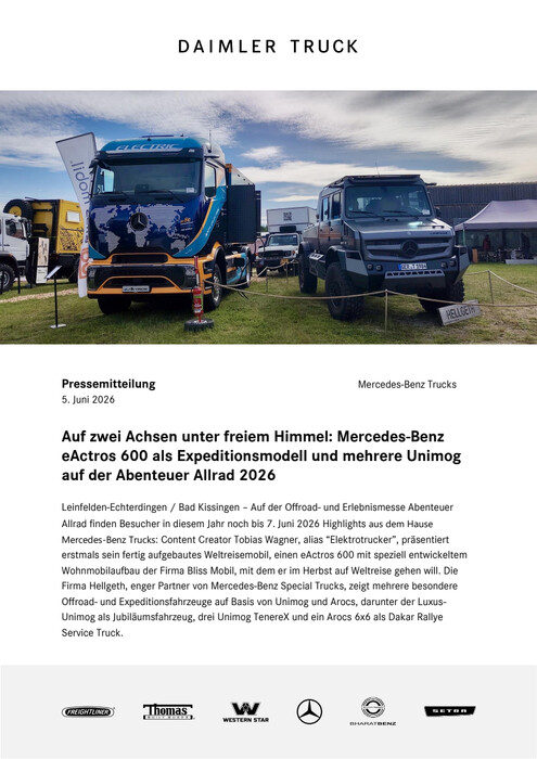Auf zwei Achsen unter freiem Himmel: Mercedes-Benz eActros 600 als Expeditionsmodell und mehrere Unimog auf der Abenteuer Allrad 2026