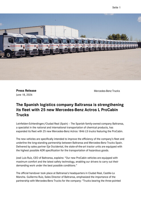 The Spanish logistics company Baltransa is strengthening its fleet with 25 new Mercedes-Benz Actros L ProCabin Trucks