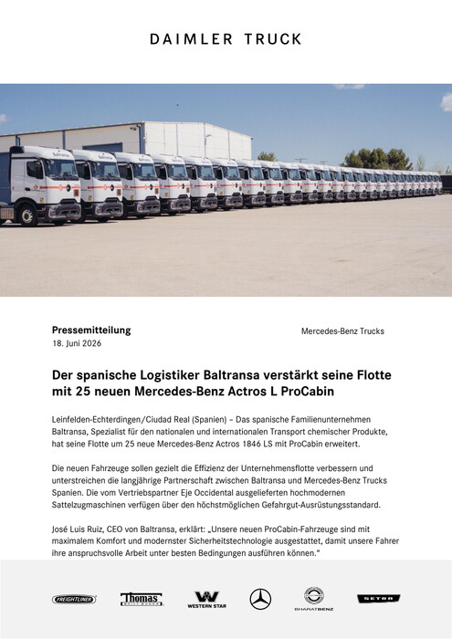 Der spanische Logistiker Baltransa verstärkt seine Flotte mit 25 neuen Mercedes Benz Actros L ProCabin