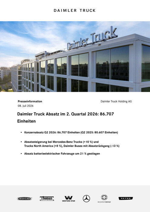 Daimler Truck Absatz im 2. Quartal 2026: 86.707 Einheiten