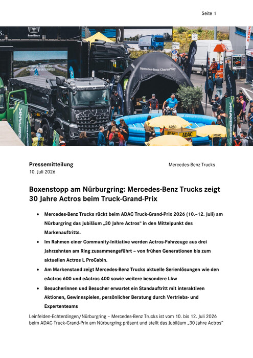Boxenstopp am Nürburgring: Mercedes-Benz Trucks zeigt 30 Jahre Actros beim Truck Grand Prix