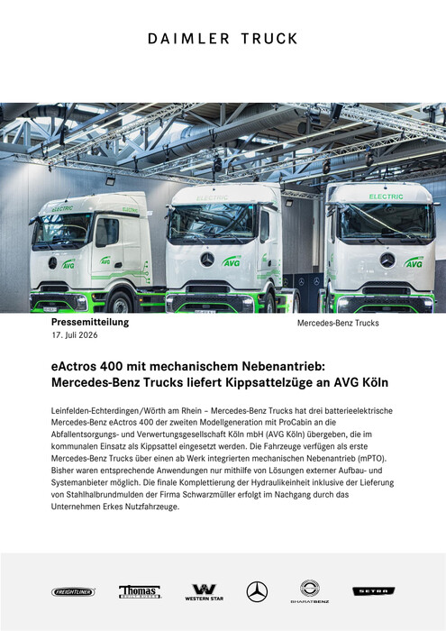eActros 400 mit mechanischem Nebenantrieb:  Mercedes-Benz Trucks liefert Kippsattelzüge an AVG Köln