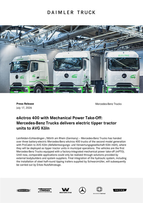 eActros 400 with Mechanical Power Take-Off: Mercedes-Benz Trucks delivers electric tipper tractor units to AVG Köln