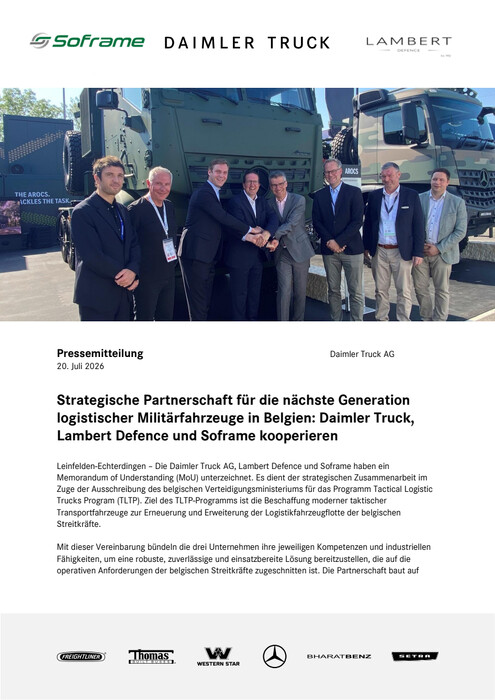 Strategische Partnerschaft für die nächste Generation logistischer Militärfahrzeuge in Belgien: Daimler Truck, Lambert Defence und Soframe kooperieren