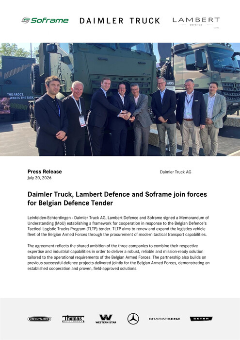 Daimler Truck, Lambert Defence and Soframe join forces for Belgian Defence Tender