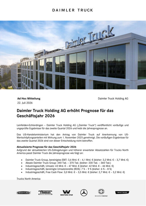 Daimler Truck Holding AG erhöht Prognose für das Geschäftsjahr 2026