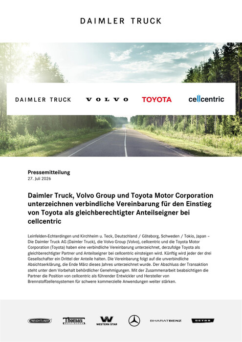 Daimler Truck, Volvo Group und Toyota Motor Corporation unterzeichnen verbindliche Vereinbarung für den Einstieg von Toyota als gleichberechtigter Anteilseigner bei cellcentric