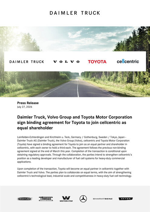 Daimler Truck, Volvo Group and Toyota Motor Corporation sign binding agreement for Toyota to join cellcentric as equal shareholder