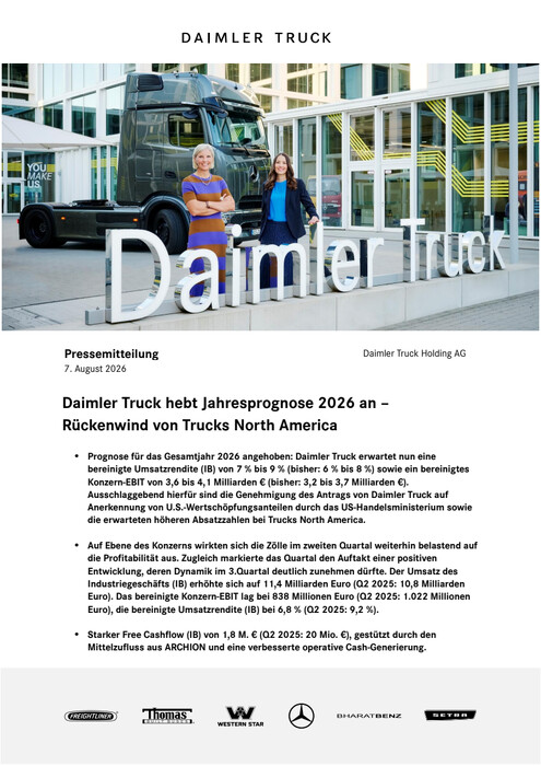 Daimler Truck hebt Jahresprognose 2026 an – Rückenwind von Trucks North America