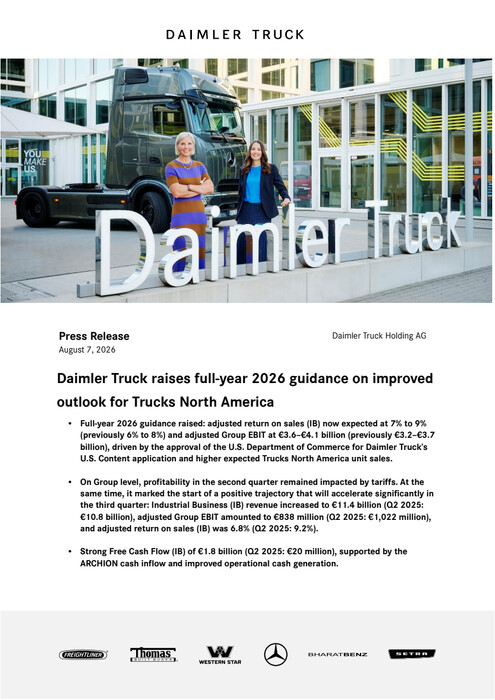Daimler Truck raises full-year 2026 guidance on improved outlook for Trucks North America
