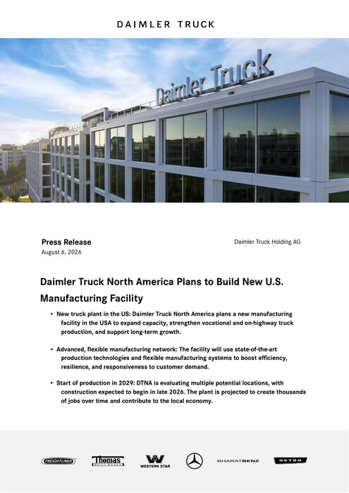 Daimler Truck North America Plans to Build New U.S. Manufacturing Facility
